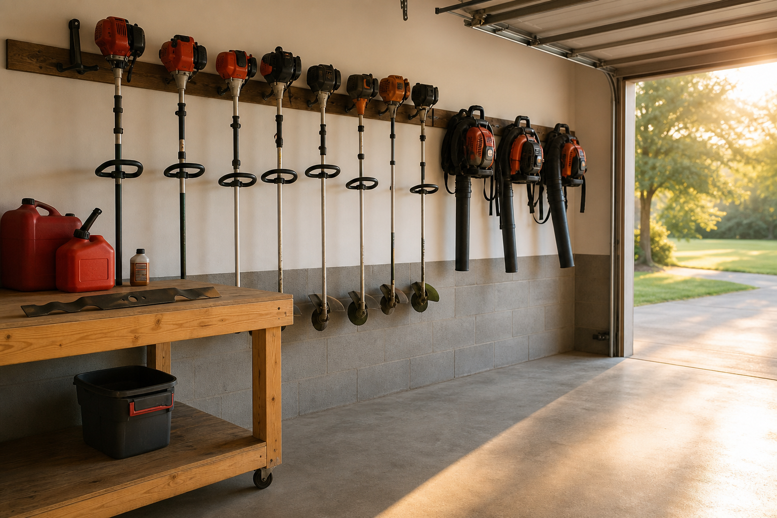 Clean Cut Lawn Care equipment and workshop in the early morning