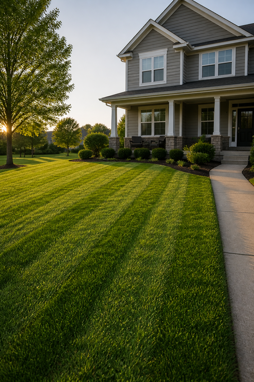 Freshly mowed and edged residential front lawn in Blue Springs, Missouri
